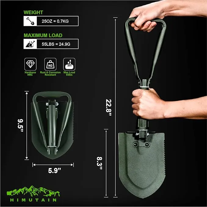 22.8'' Military Folding Camping Shovel, w/Pick Foldable Tactical Shovel for Gardening, Camping, Hiking, Outdoor, Backpacking, Emergency (Olive)
