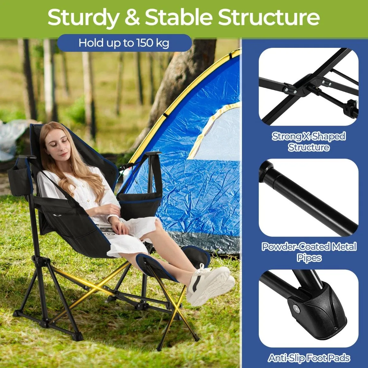 Folding Hammock Chair with Retractable Footrest and Bag-Black