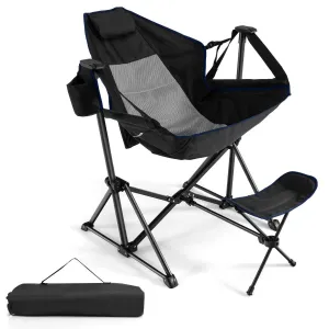 Folding Hammock Chair with Retractable Footrest and Bag-Black