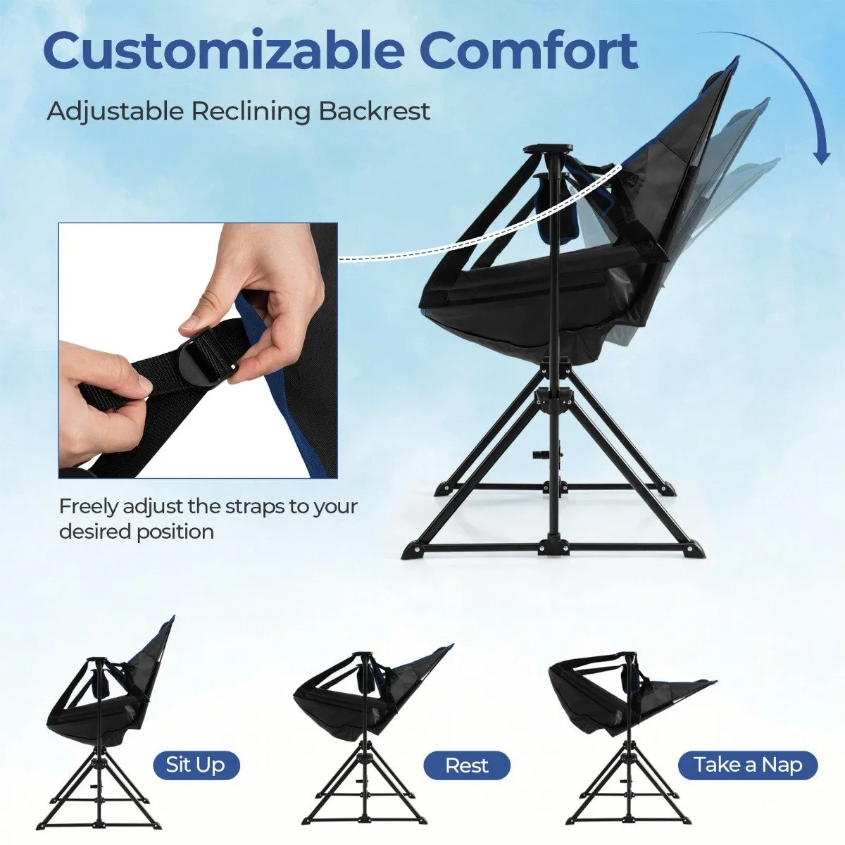 Folding Hammock Chair with Retractable Footrest and Bag-Black