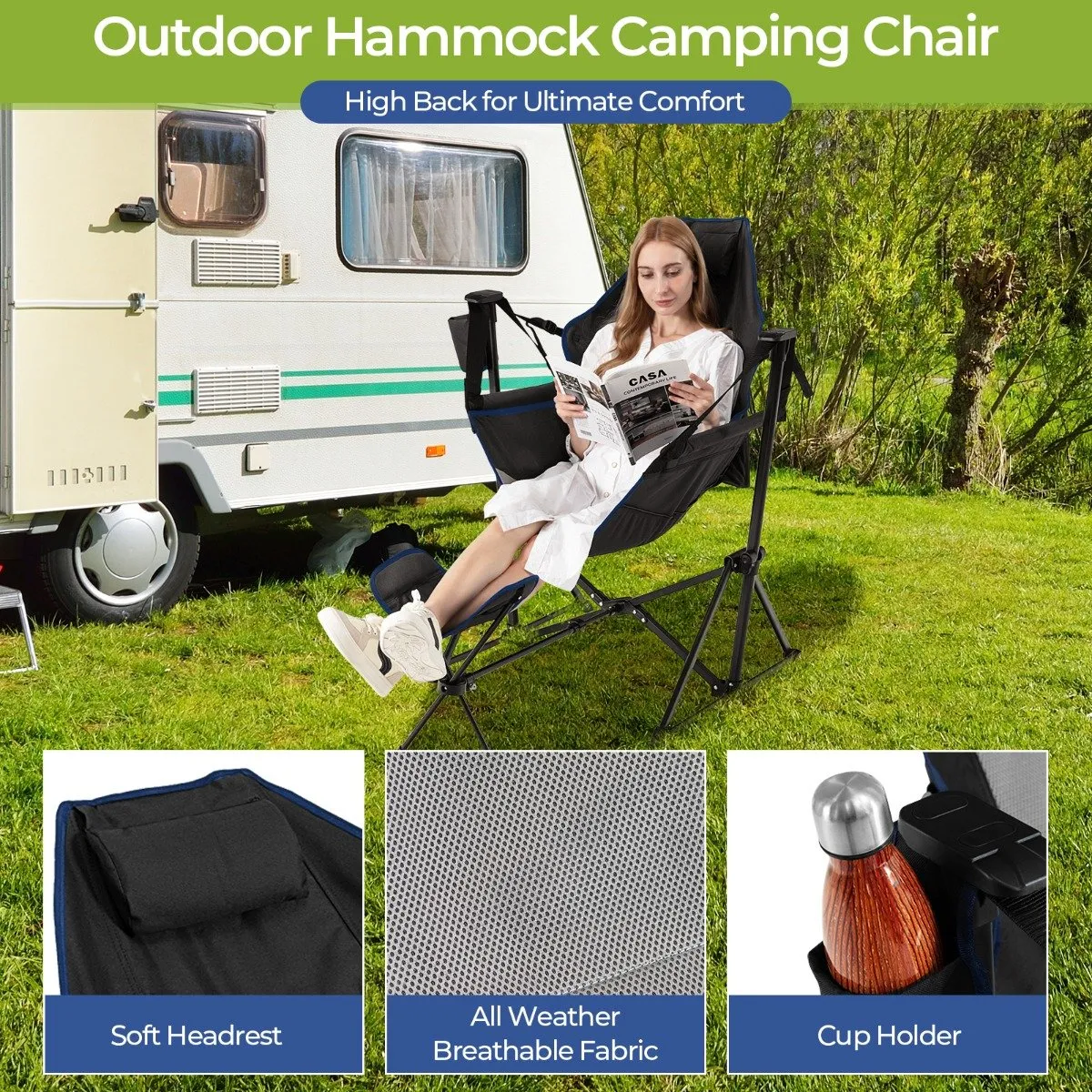 Folding Hammock Chair with Retractable Footrest and Bag-Black