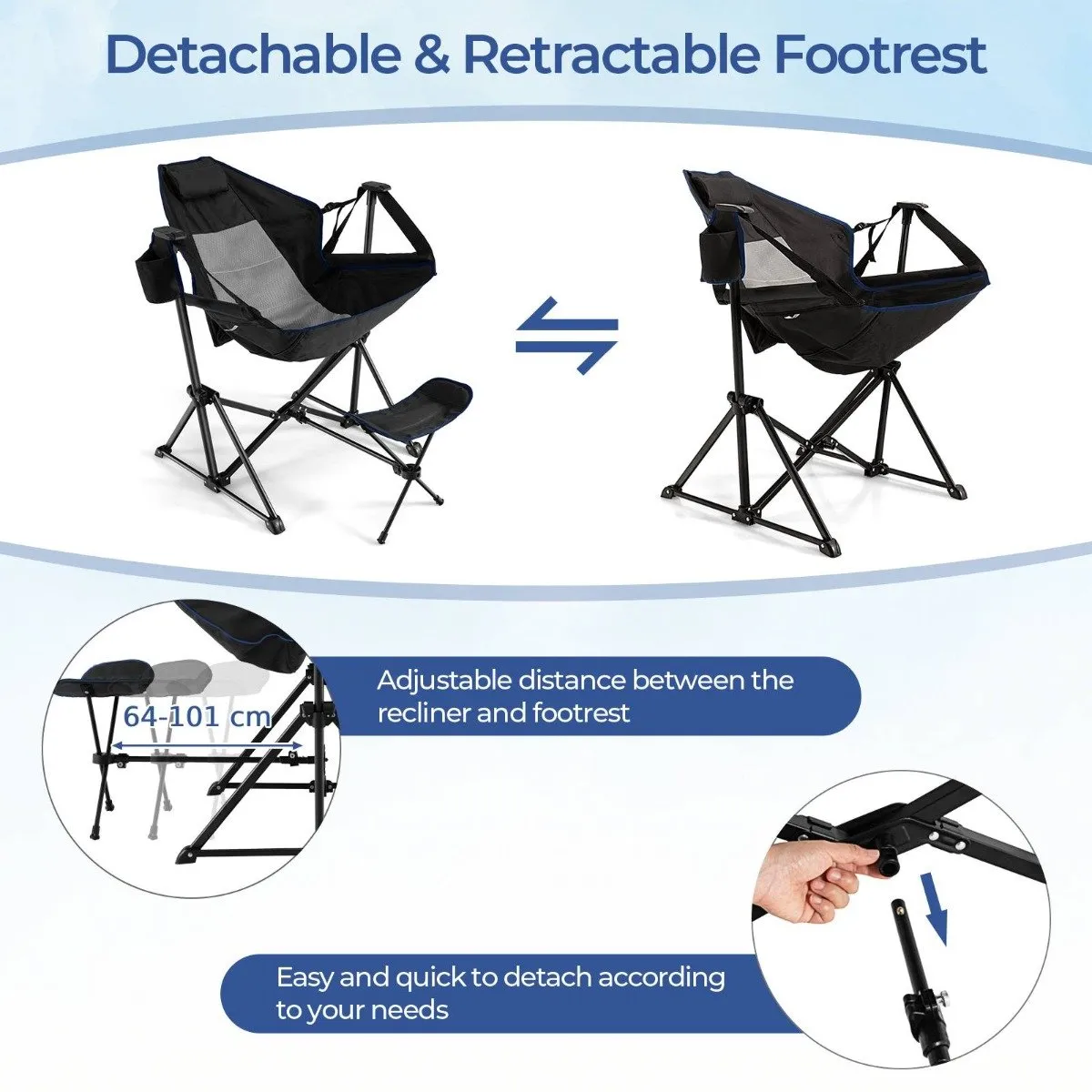 Folding Hammock Chair with Retractable Footrest and Bag-Black