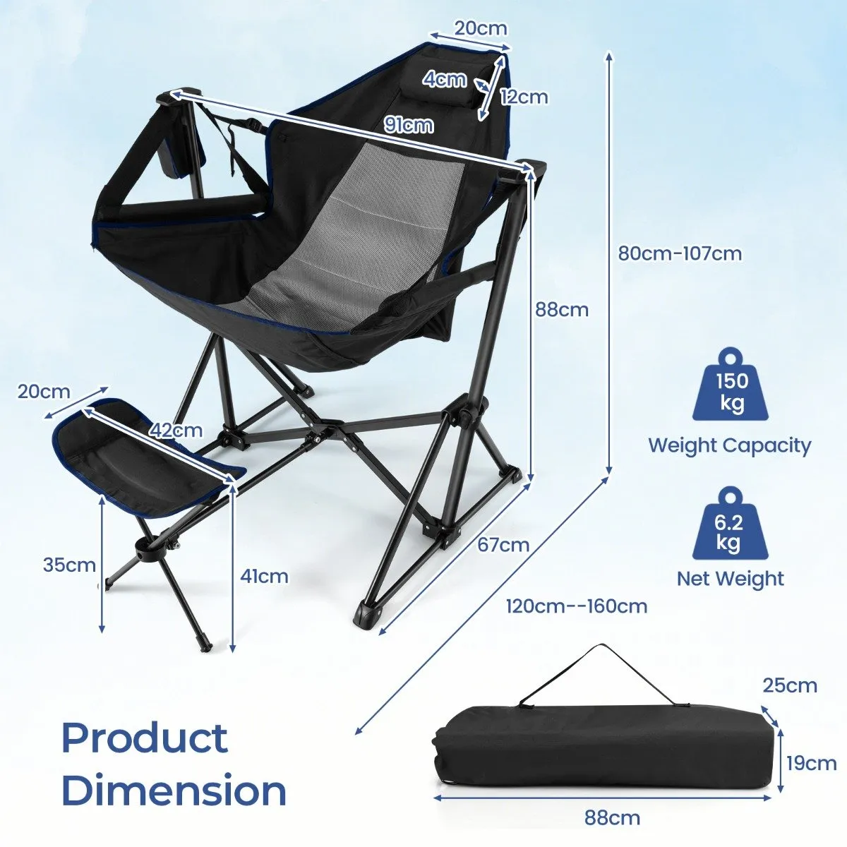 Folding Hammock Chair with Retractable Footrest and Bag-Black