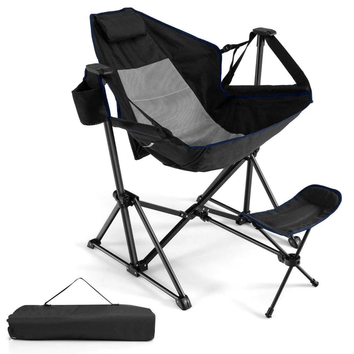 Folding Hammock Chair with Retractable Footrest and Bag-Black