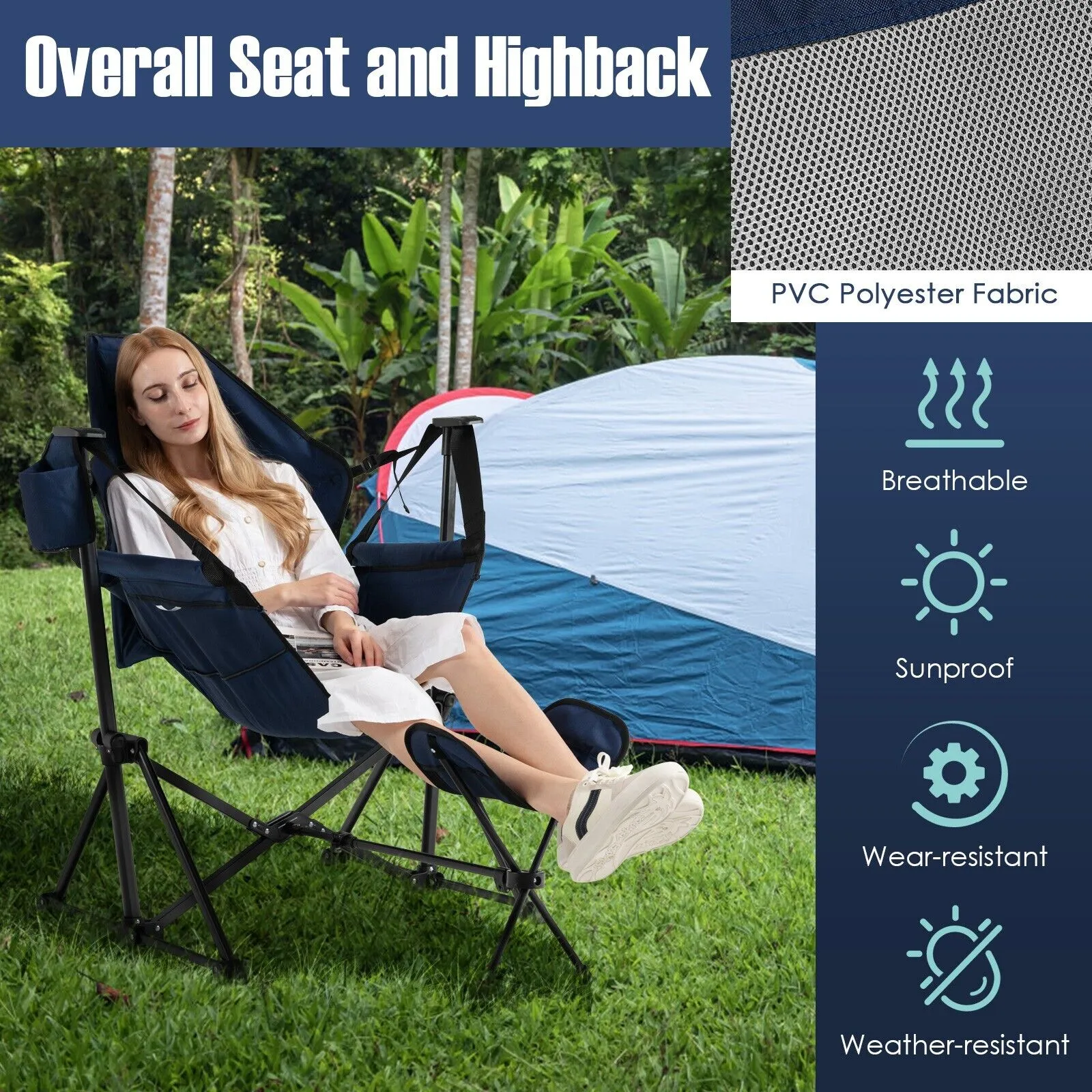 Folding Hammock Chair with Retractable Footrest and Bag-Navy