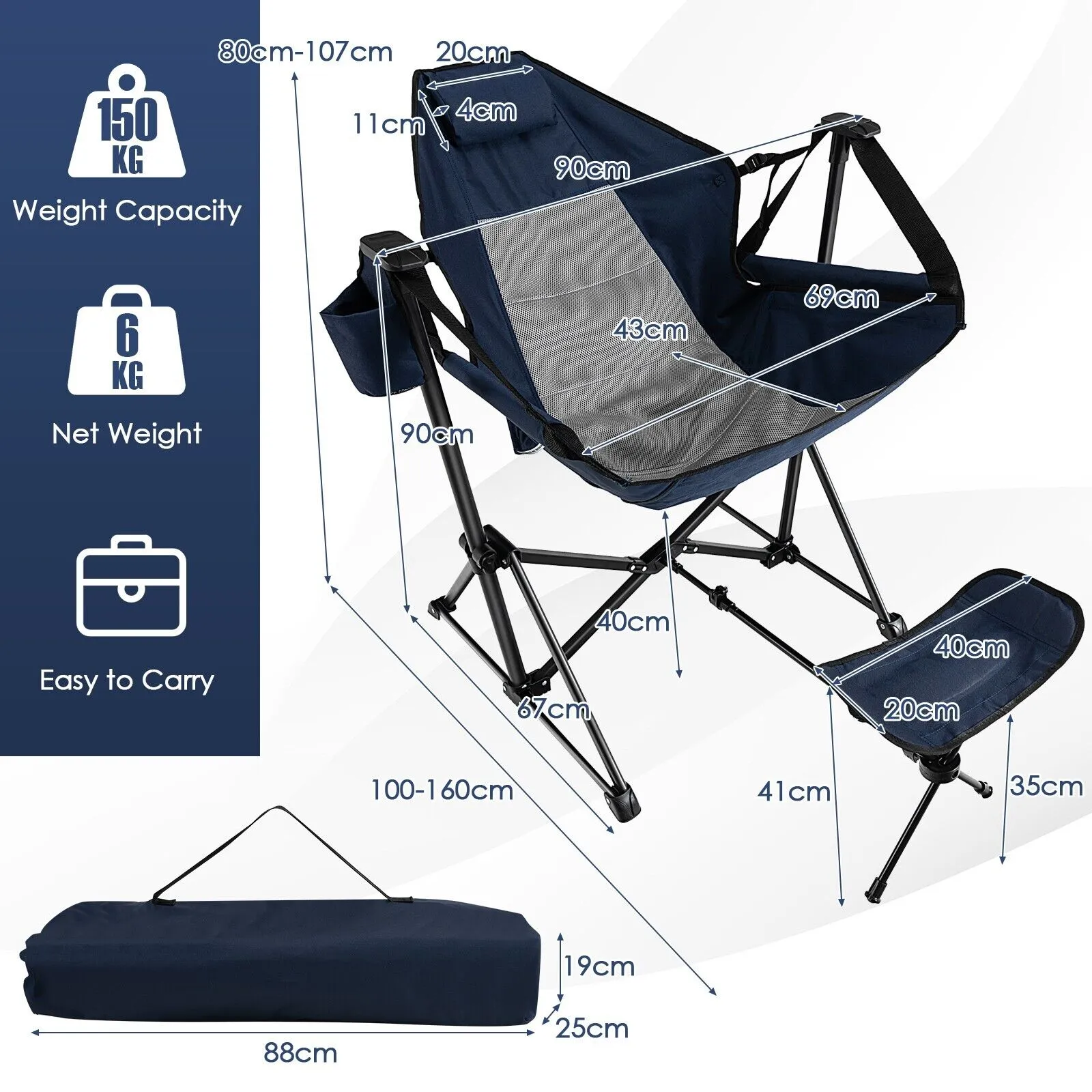 Folding Hammock Chair with Retractable Footrest and Bag-Navy
