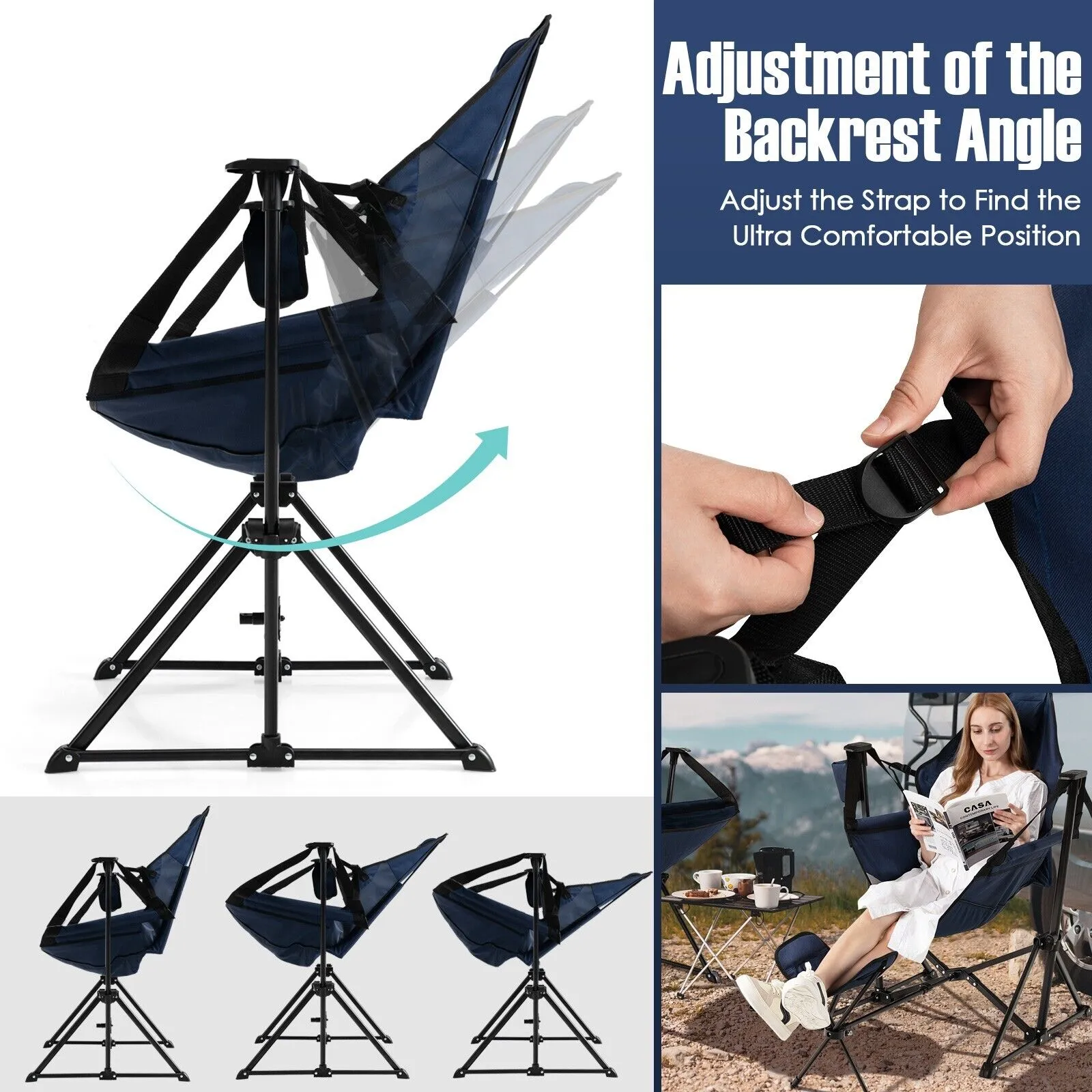 Folding Hammock Chair with Retractable Footrest and Bag-Navy