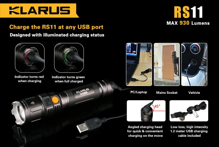 Klarus RS11 2 x (R)CR123A / 1 x 18650 CREE XM-L2 U2 930 Lumen LED Flashlight