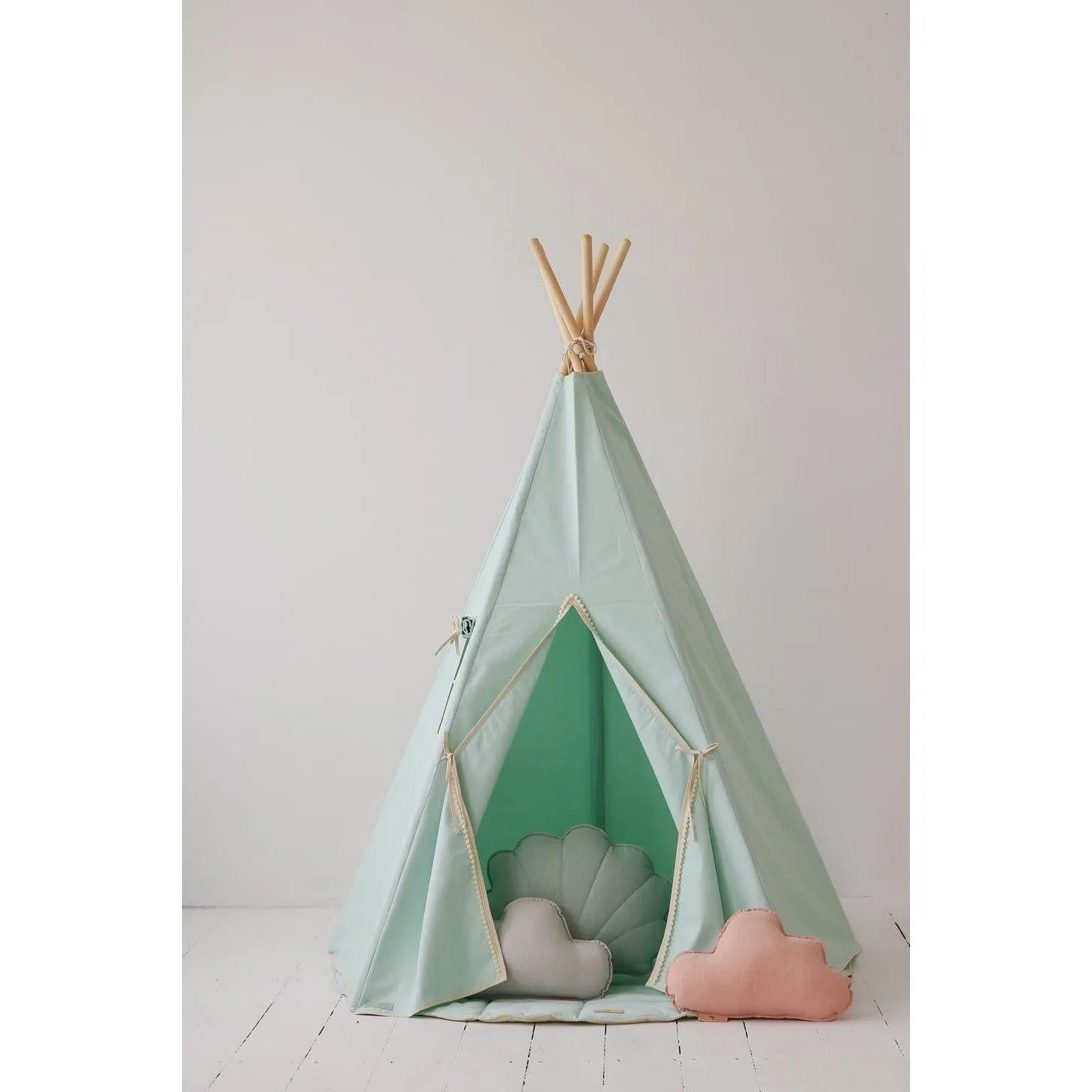 Mint Fog Teepee Tent with Pompoms