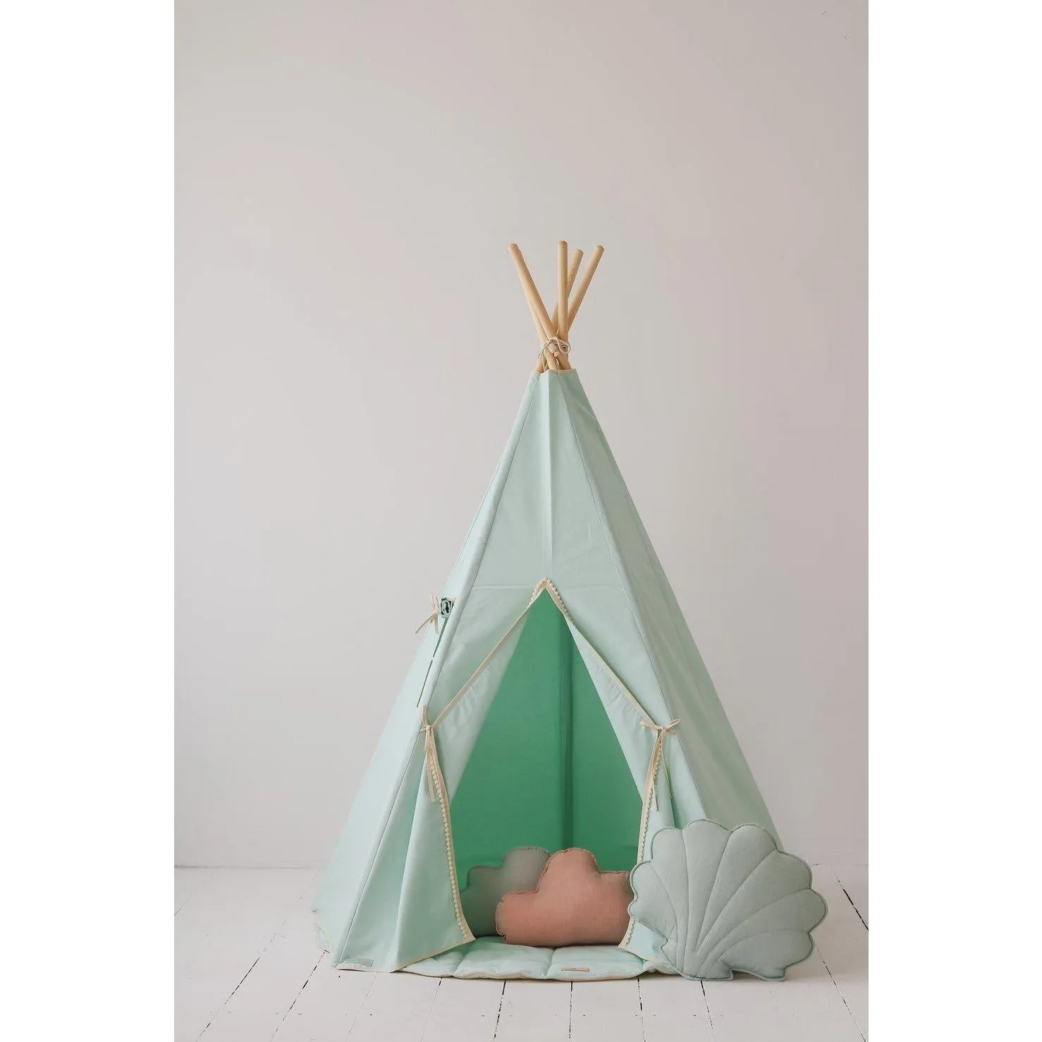 Mint Fog Teepee Tent with Pompoms