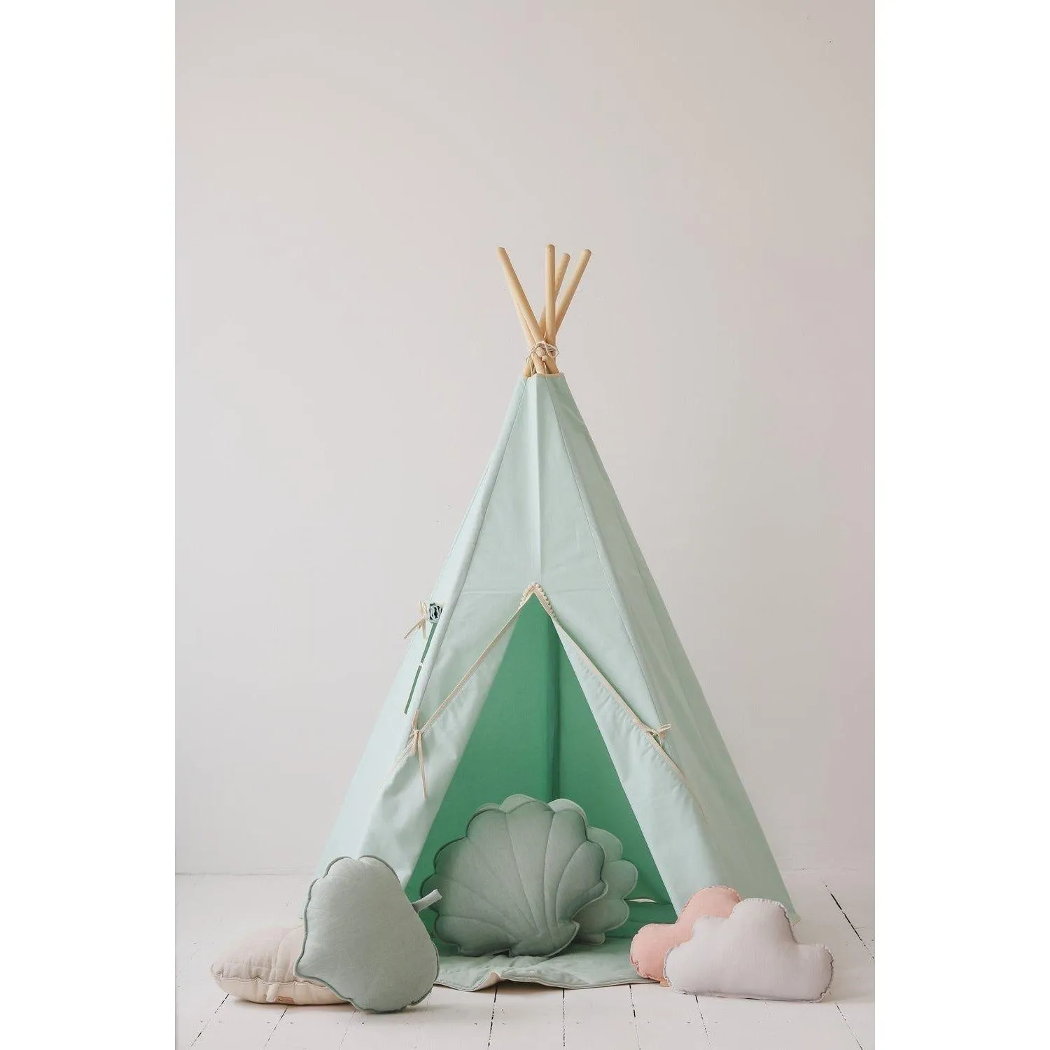 Mint Fog Teepee Tent with Pompoms