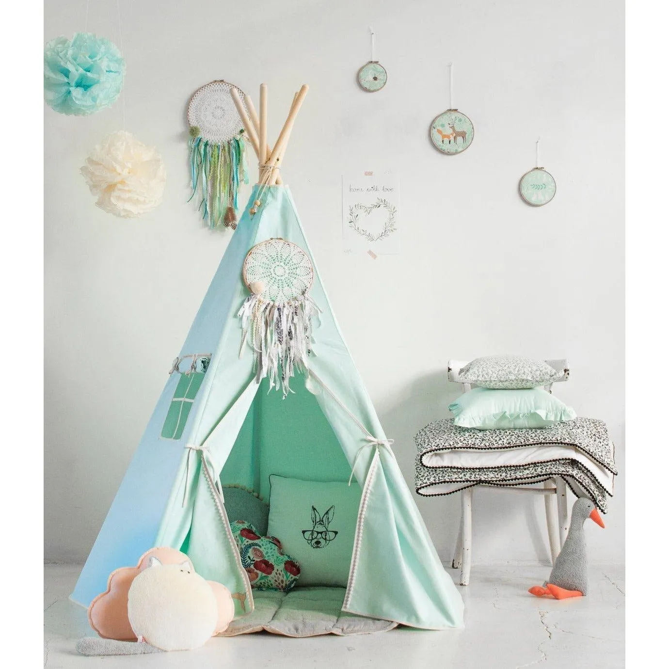 Mint Fog Teepee Tent with Pompoms