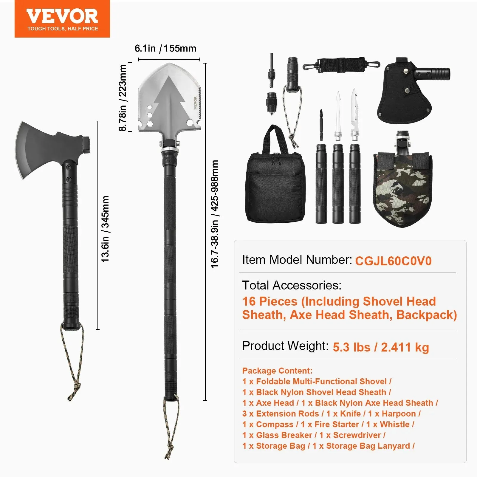 Survival Shovel Survival Axe 16-In-1 Camping Folding Shovels with Hatchet