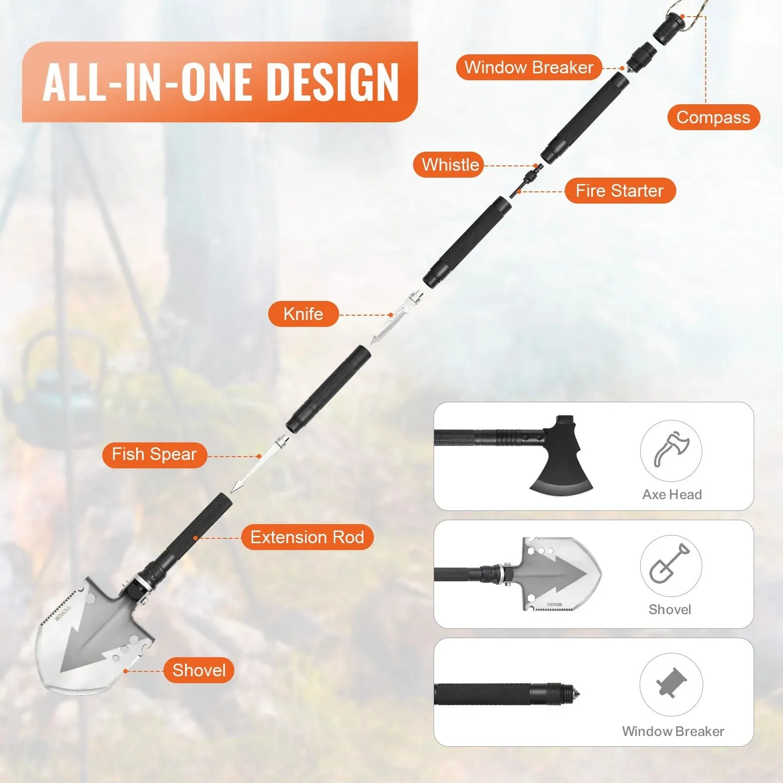 Survival Shovel Survival Axe 16-In-1 Camping Folding Shovels with Hatchet