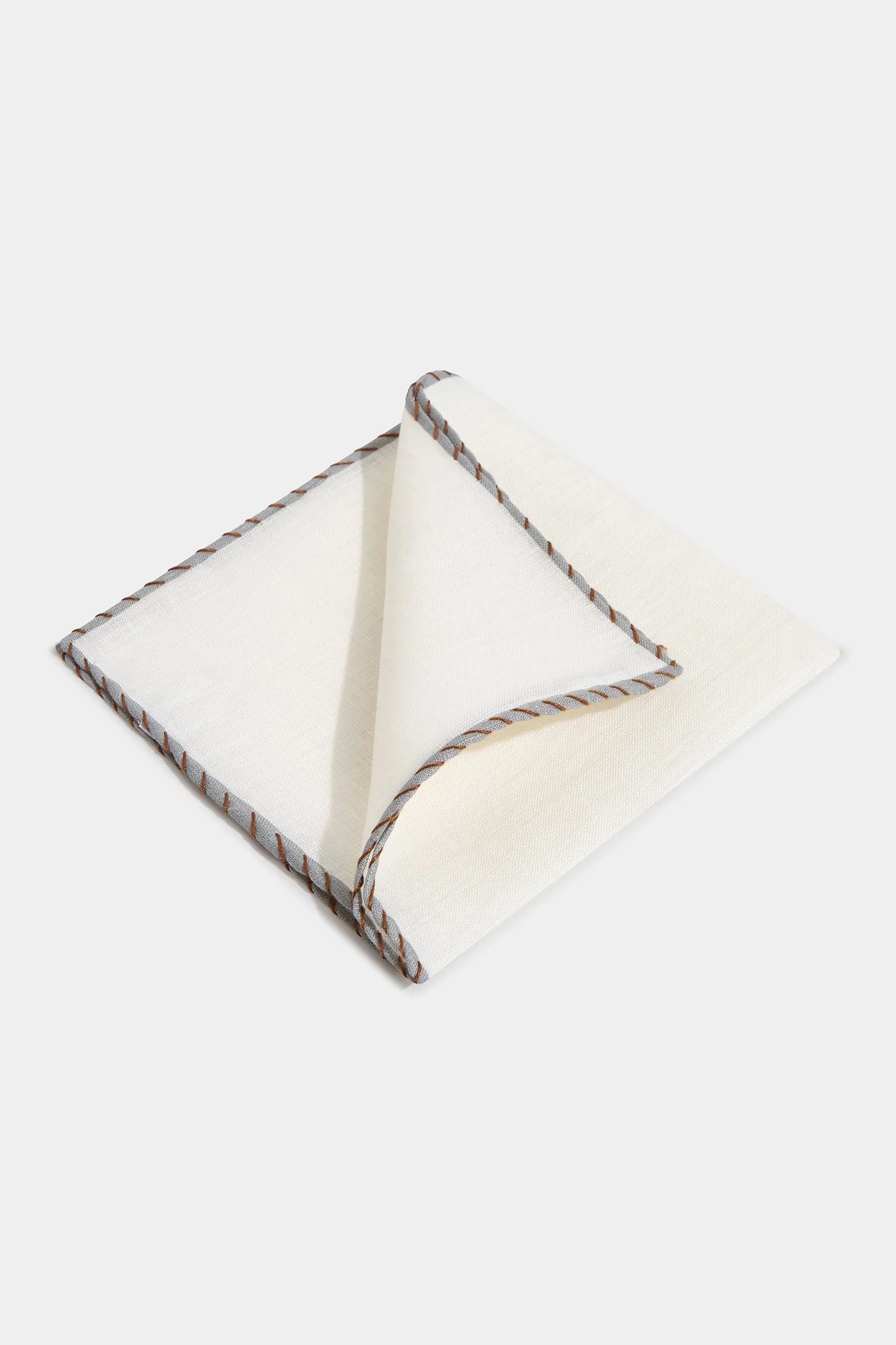 White linen pocket square with grey and cognac edges  - Made in Italy