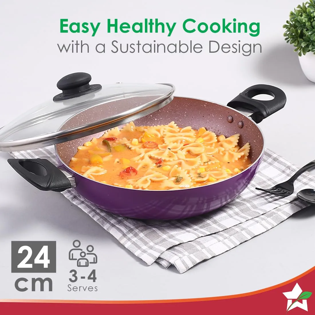 Wonderchef Valencia Non-Stick Kadhai with Glass Lid | Cool Touch Bakelite Handles | Pure Grade Aluminium| PFOA Free|2 litres Capacity | Size 24 cm Kadai | 1 Year Warranty | Purple