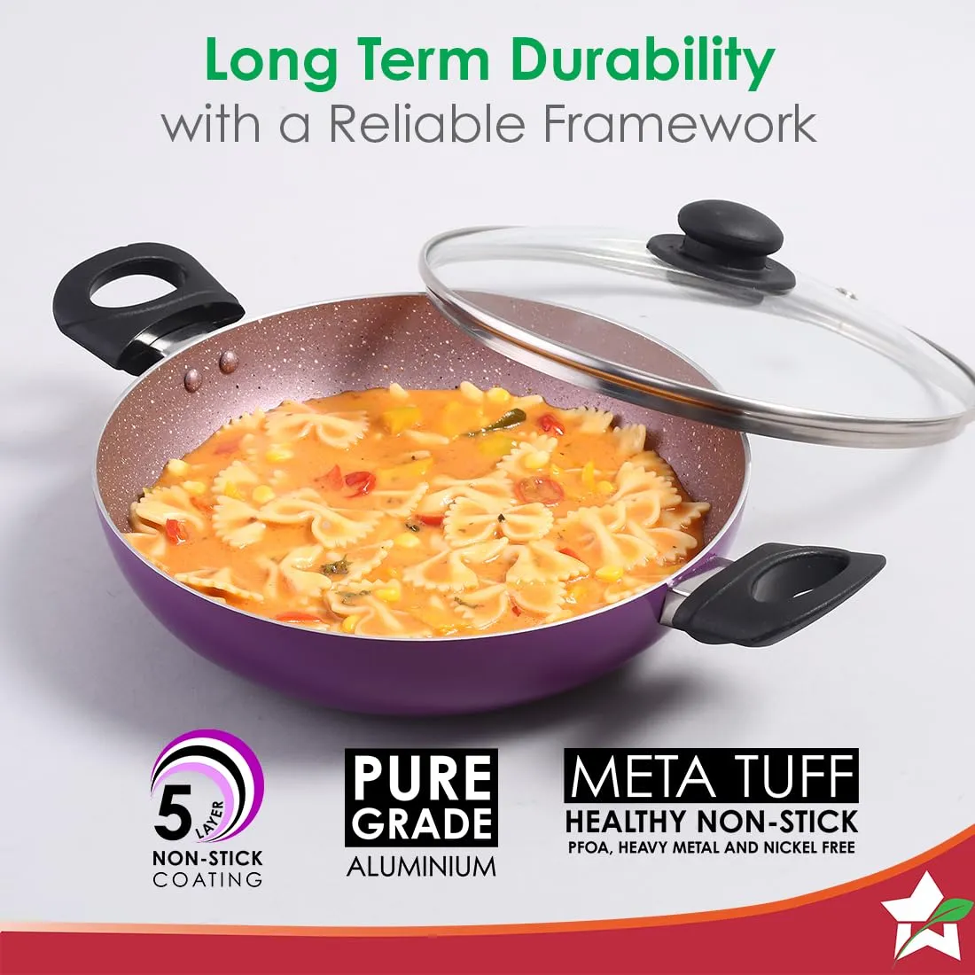 Wonderchef Valencia Non-Stick Kadhai with Glass Lid | Cool Touch Bakelite Handles | Pure Grade Aluminium| PFOA Free|2 litres Capacity | Size 24 cm Kadai | 1 Year Warranty | Purple