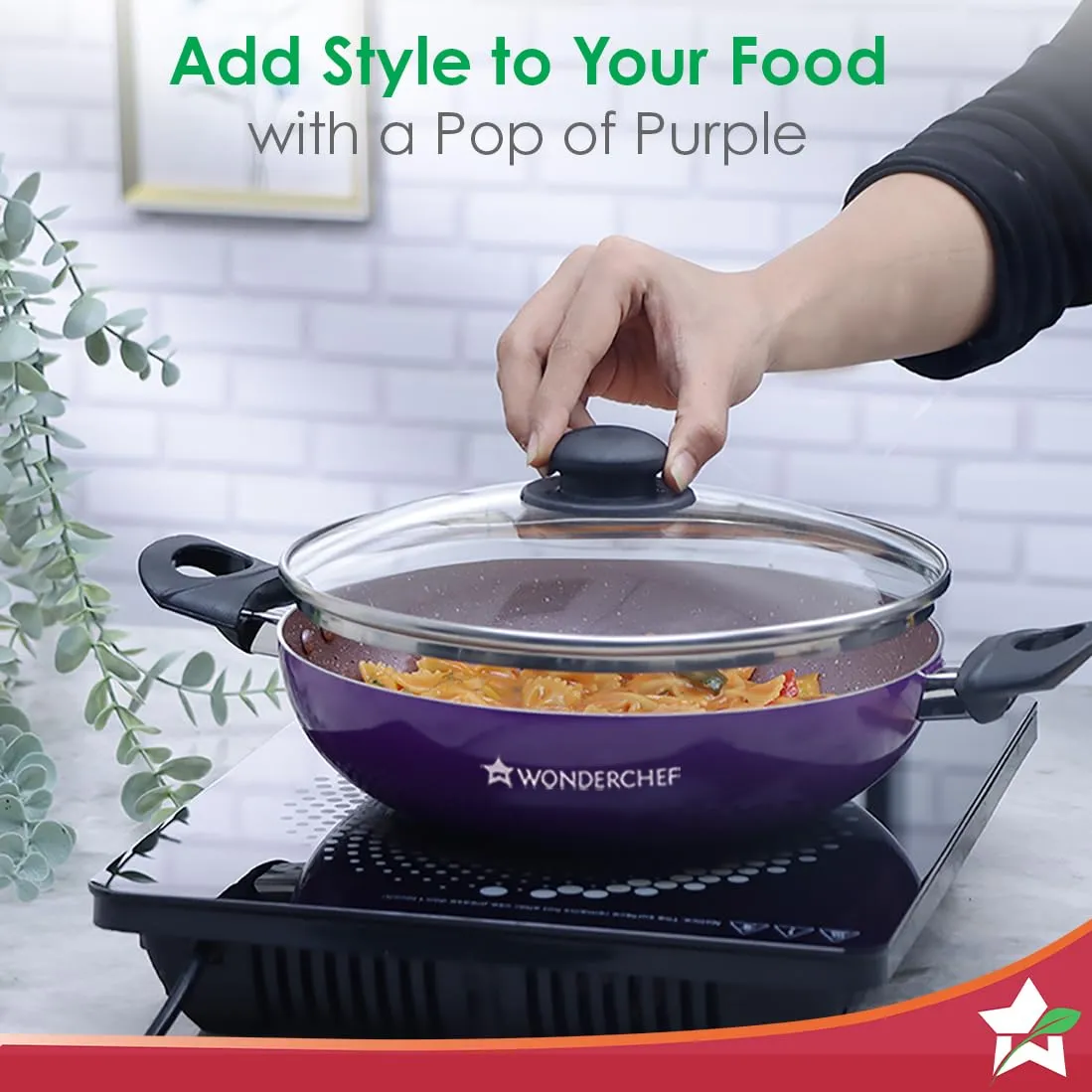 Wonderchef Valencia Non-Stick Kadhai with Glass Lid | Cool Touch Bakelite Handles | Pure Grade Aluminium| PFOA Free|2 litres Capacity | Size 24 cm Kadai | 1 Year Warranty | Purple